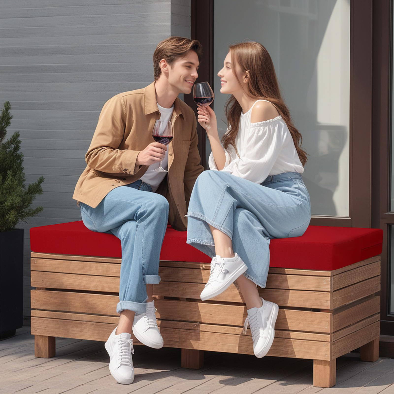 Idee-Home red bench cushion 45x18 side with attached ties for secure fit
