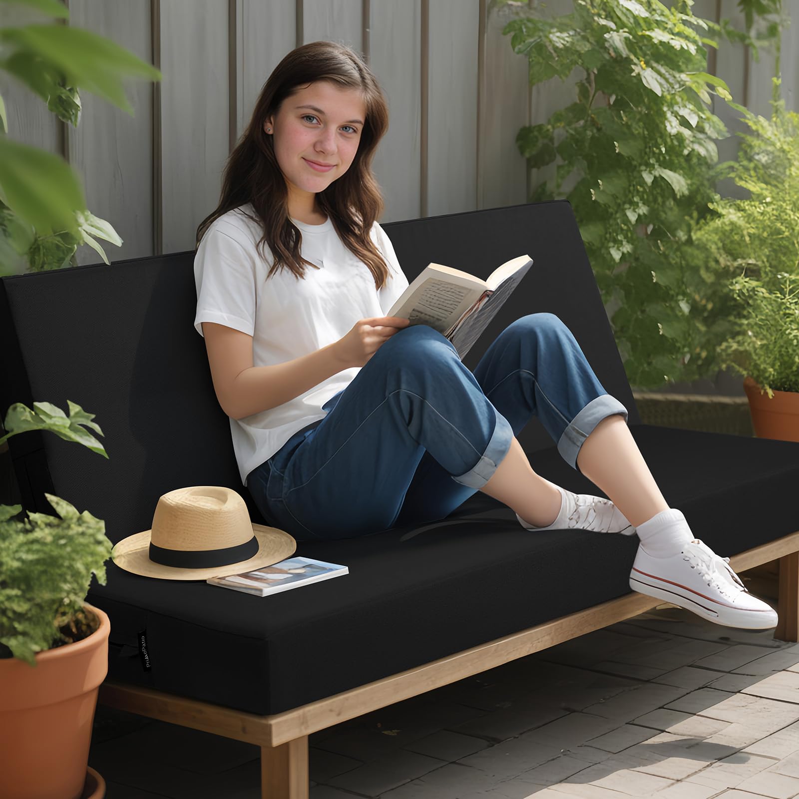 idee-home outdoor bench cushion with ties securing to loveseat