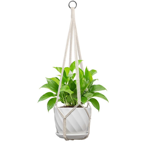 IDEeepan macrame plant hanger in white, 35-inch length, ideal for indoor displays.