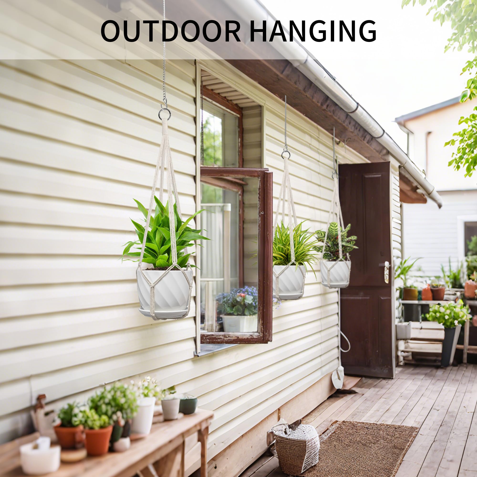 IDEeepan tassel-free macrame hanger complements modern, minimalist décor.