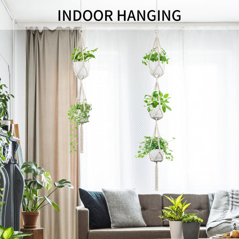 Installation-ready IDEEEPAN macrame hanger suited for indoor and outdoor spaces.