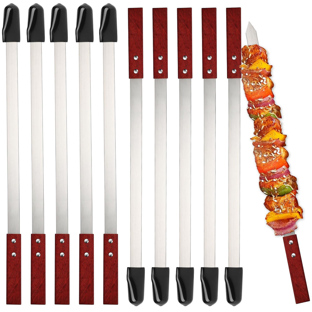 Idong 10-piece skewers with wood handle provide a cool grip during grilling.