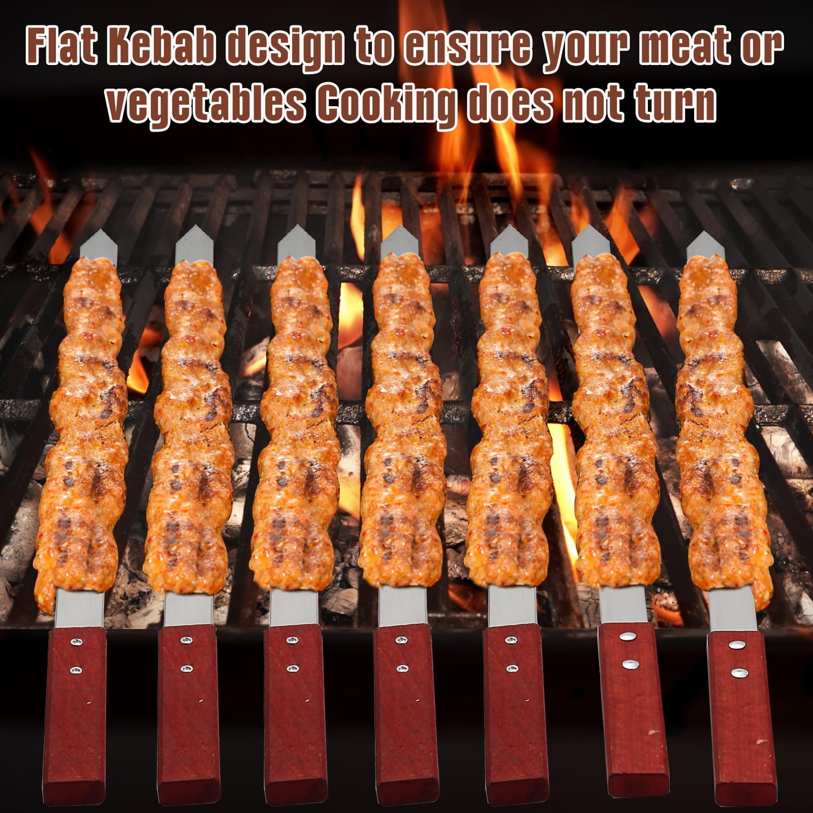 Idong skewers with flat-head design prevent spinning for even cooking.