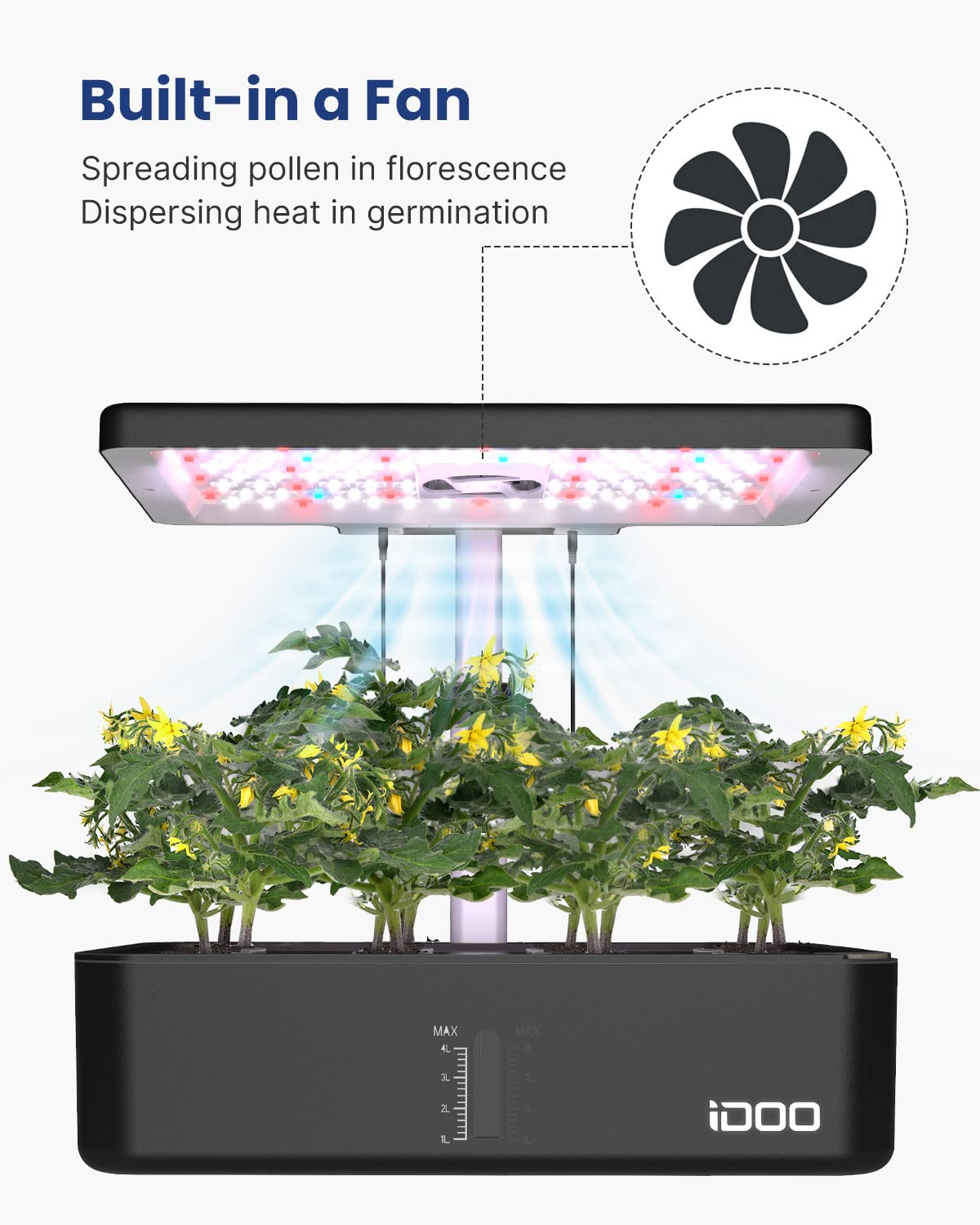 iDOO system with adjustable height demonstrates flexible plant stages and space-saving design.