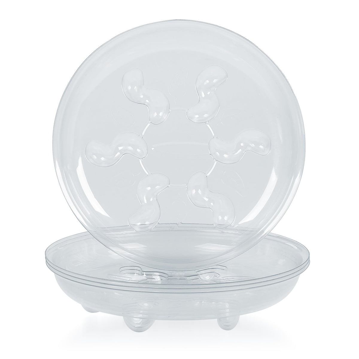 Idyllize 10-inch clear saucer top view showing thick, durable construction and surface protection