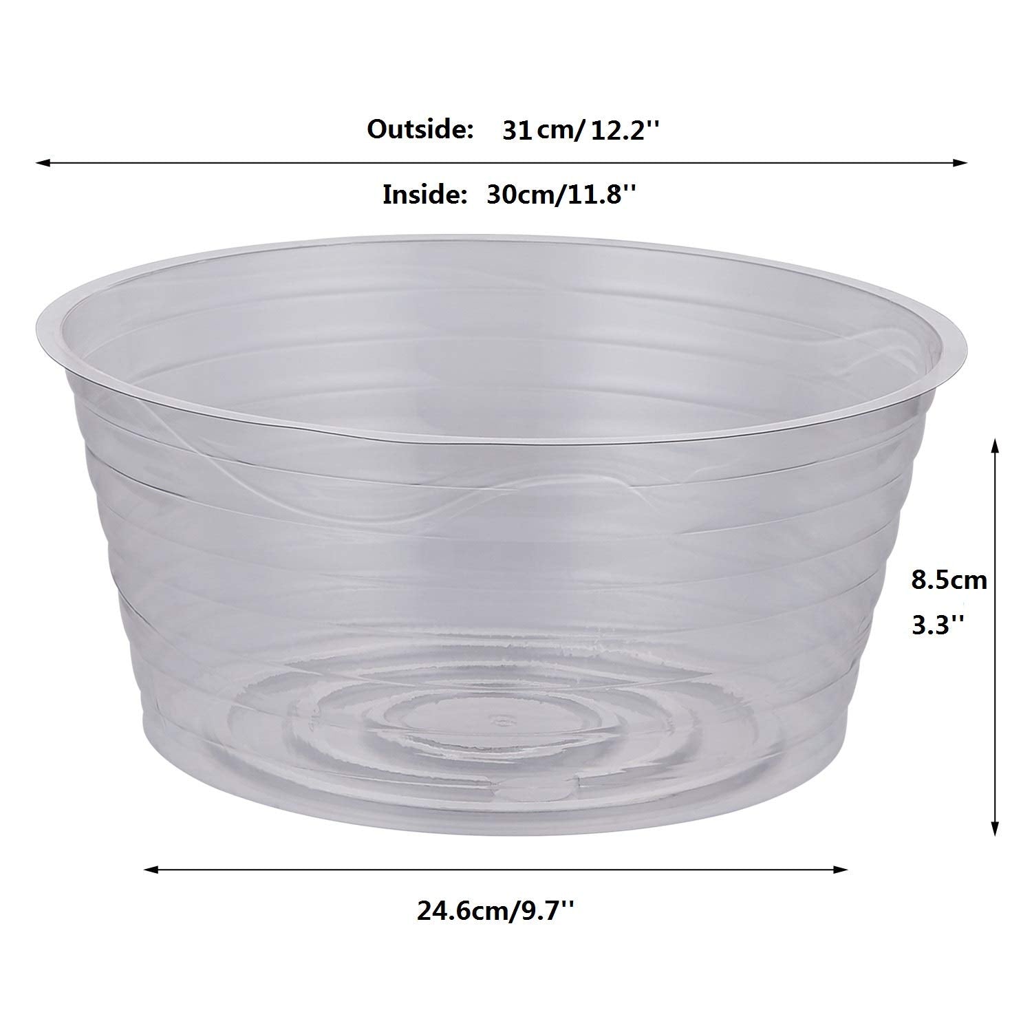 Idyllize 12-inch clear plant saucer, side profile, sturdy and durable for daily plant care.