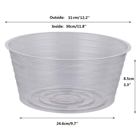 Idyllize 12-inch clear plant saucer, side profile, sturdy and durable for daily plant care.