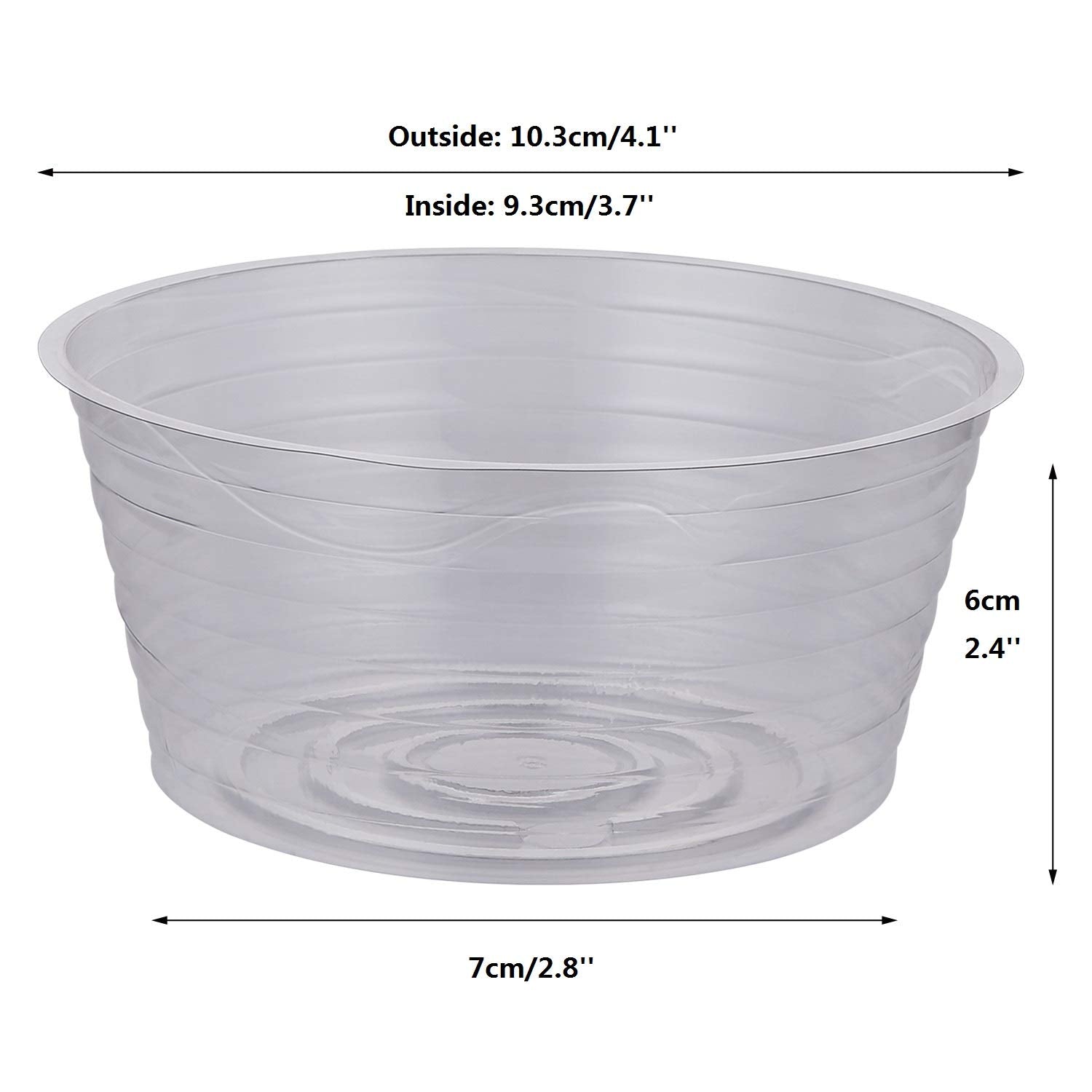 Idyllize clear plastic plant saucer side view shows a deep tray for spills.