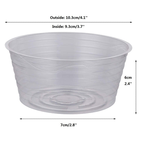 Idyllize clear plastic plant saucer side view shows a deep tray for spills.