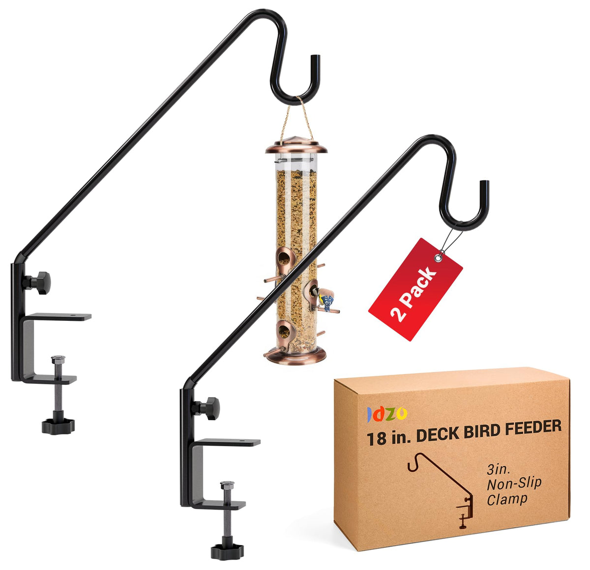 IDZO 18-inch railing hook shown mounted on a deck railing for bird feeders