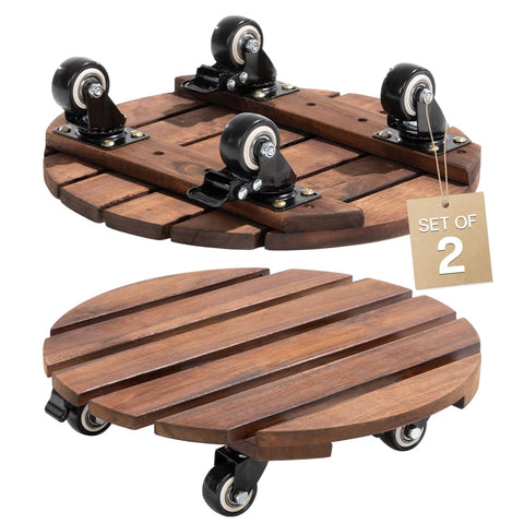 IDZO 2-Pack 14-inch acacia wood plant caddy with wheels for easy repositioning