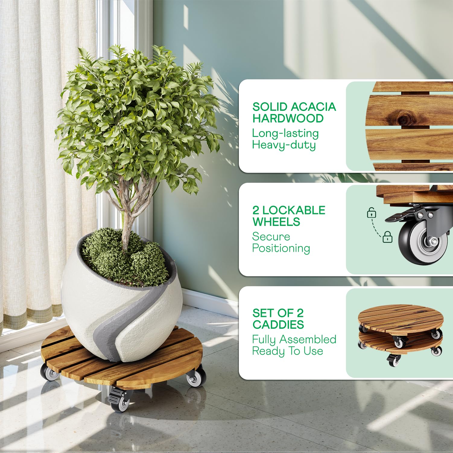 Idzo 12-inch round plant caddy with lockable wheels keeps pots secure.