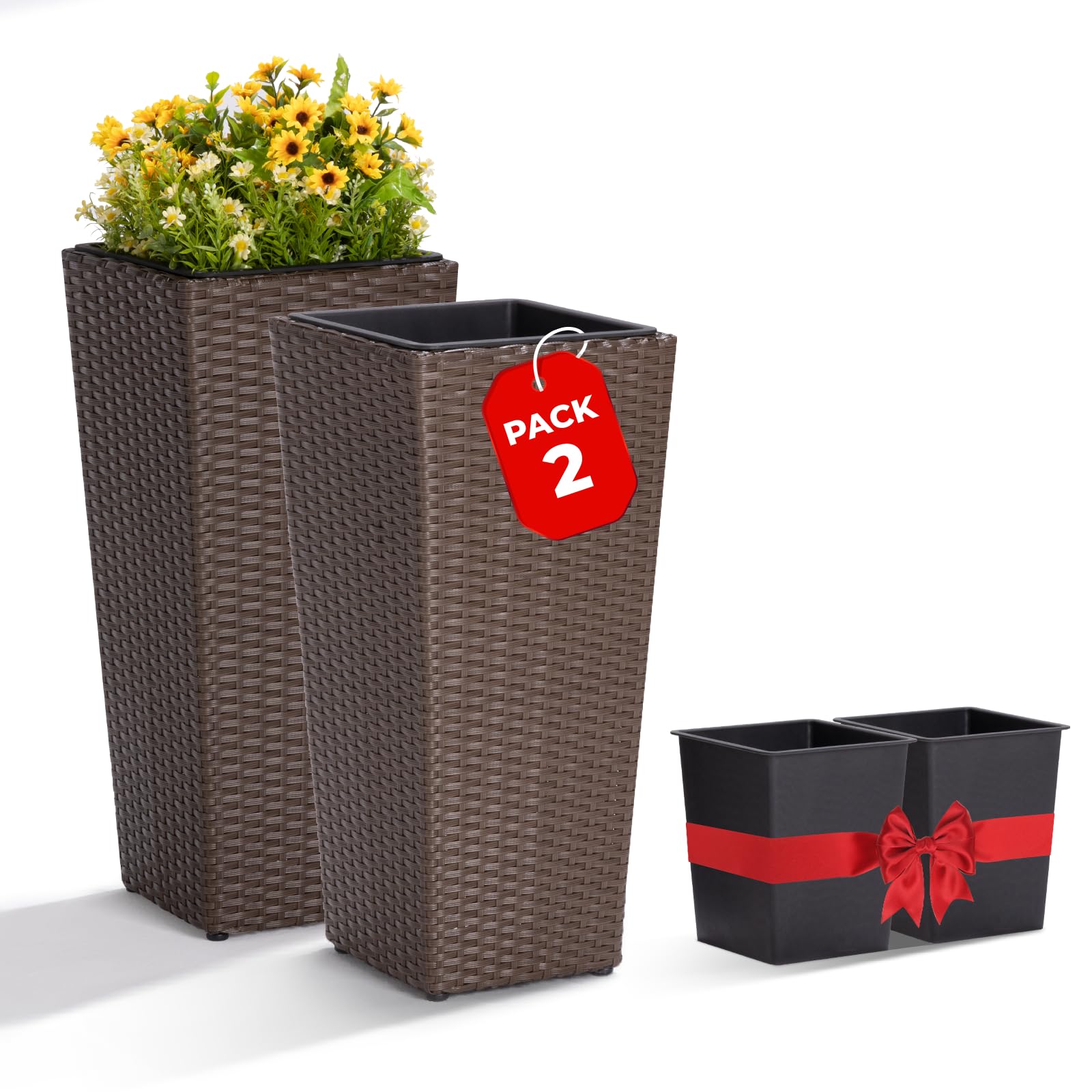 IDZO all-weather wicker planter 24in on front porch in mocha, ideal for outdoor blooms.