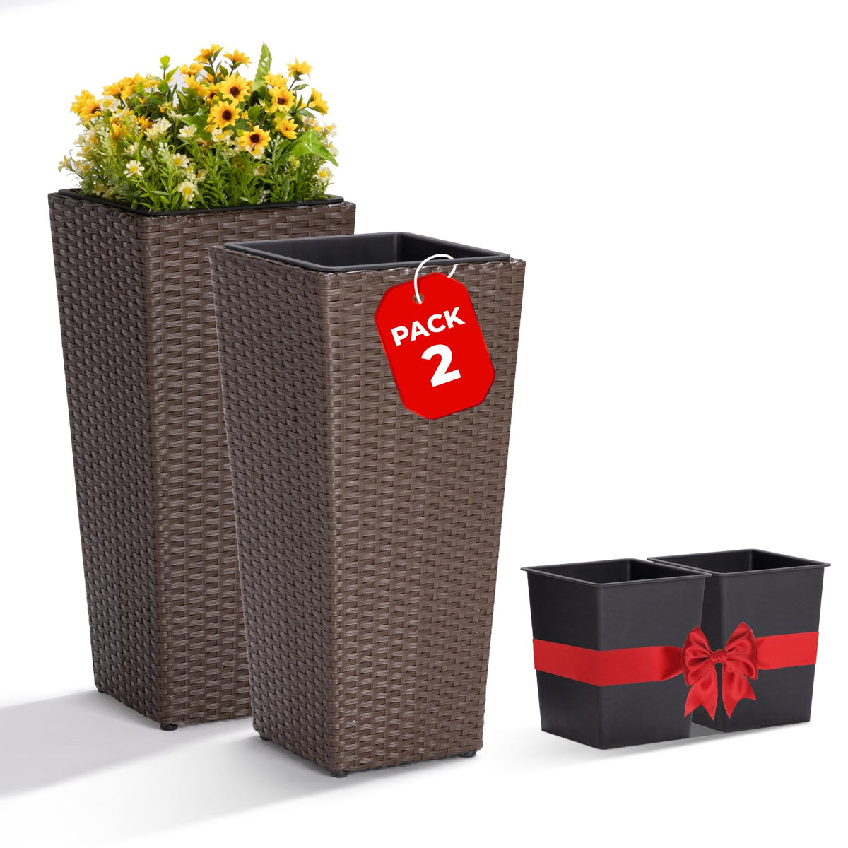 IDZO all-weather wicker planter 24in on front porch in mocha, ideal for outdoor blooms.