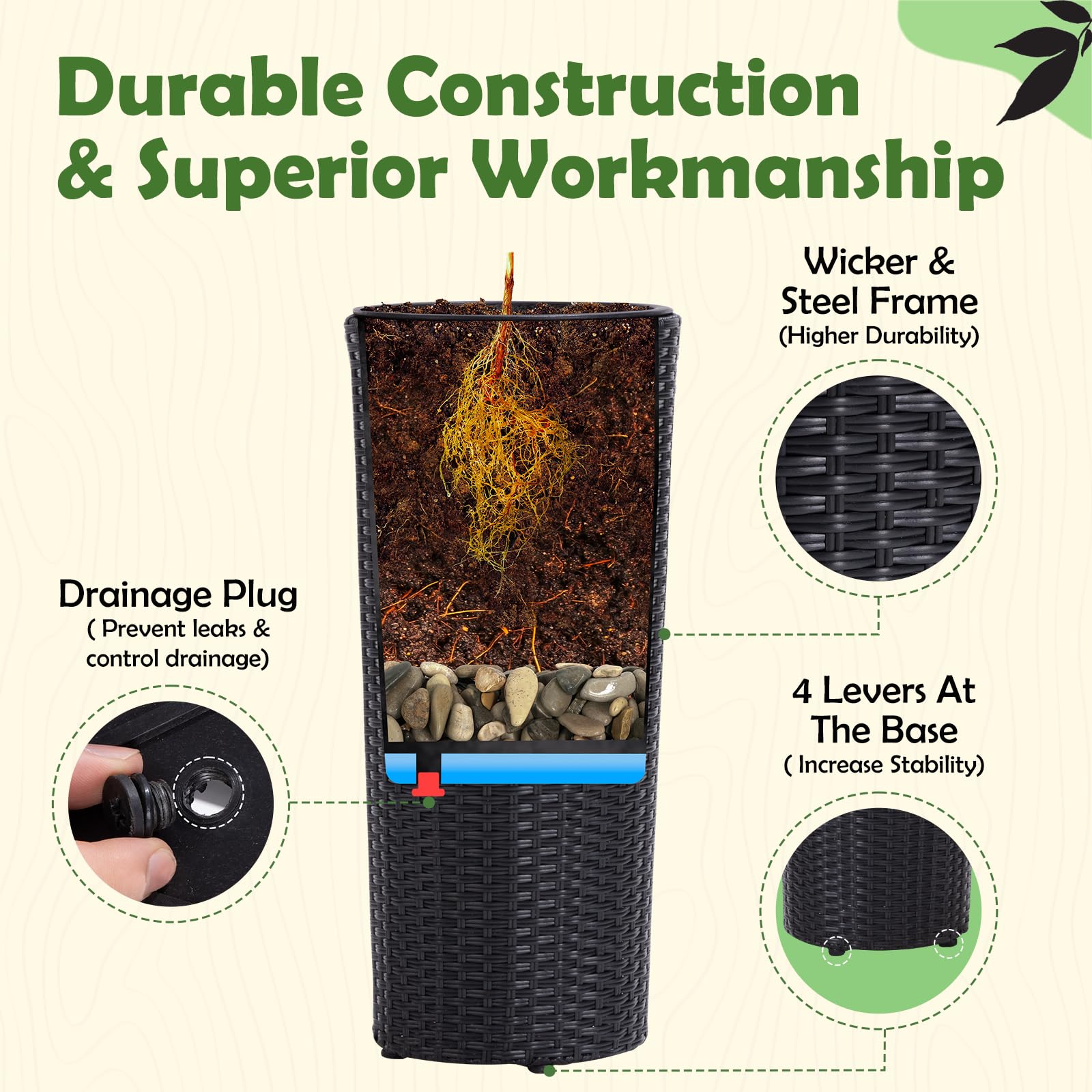 IDZO planter with drainage hole protects roots from overwatering.