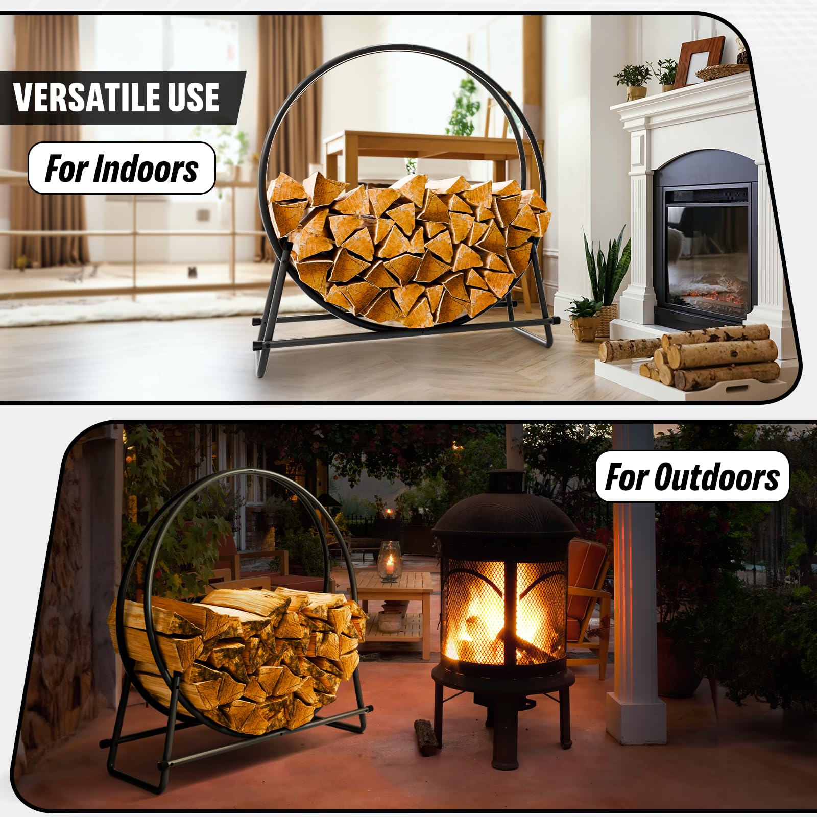 IDZO firewood rack outdoor indoor use on patio or hearth.