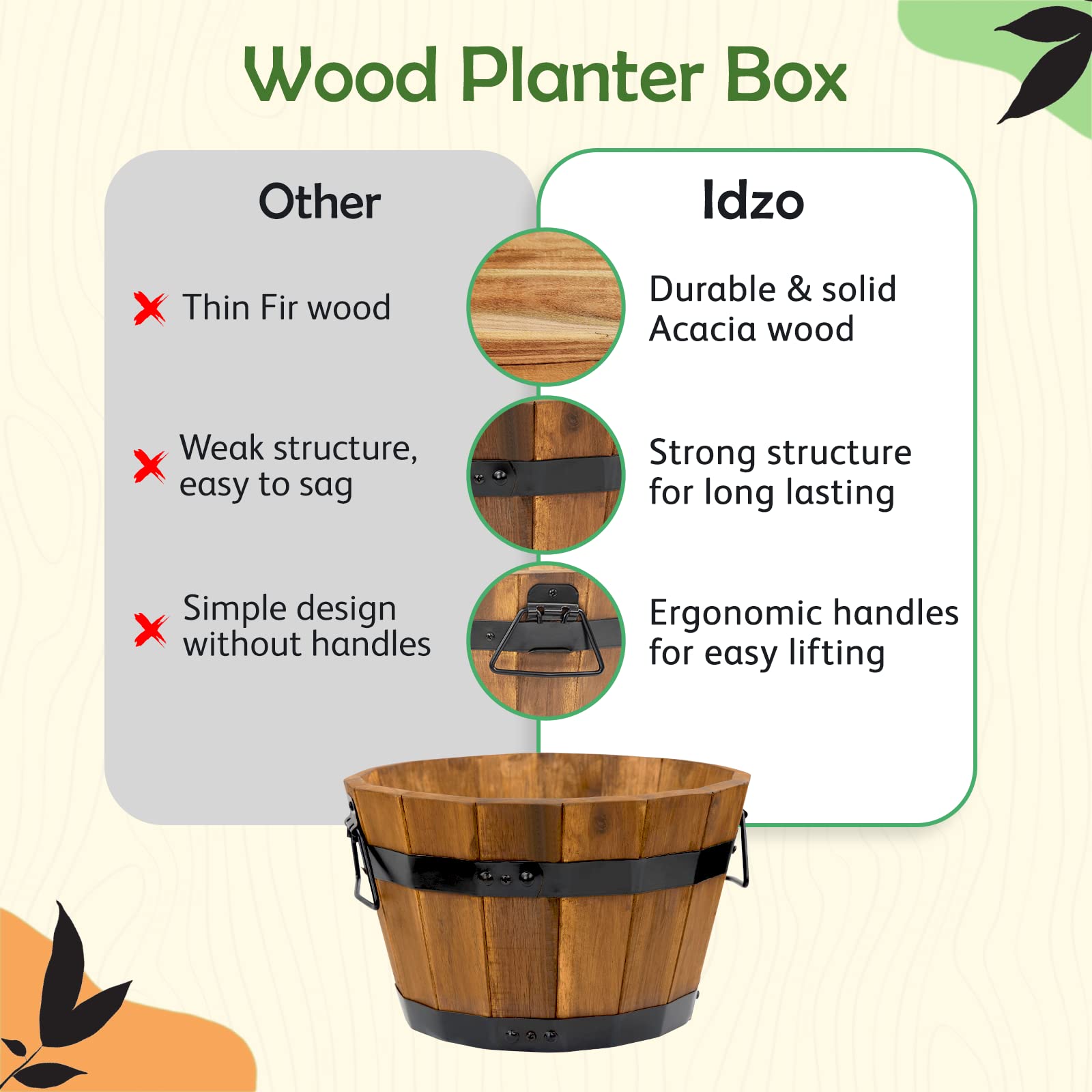 Idzo raised wooden planter box with legs for indoor or outdoor use