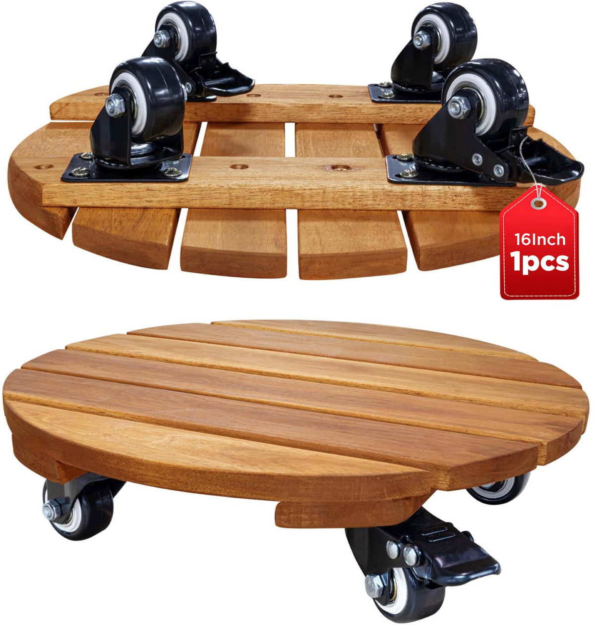 IDZO round wood plant caddy with 12-inch wheels for easy indoor mobility