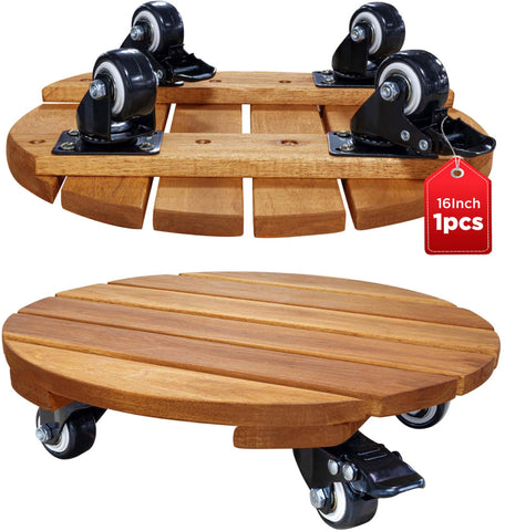 IDZO round wood plant caddy with 12-inch wheels for easy indoor mobility