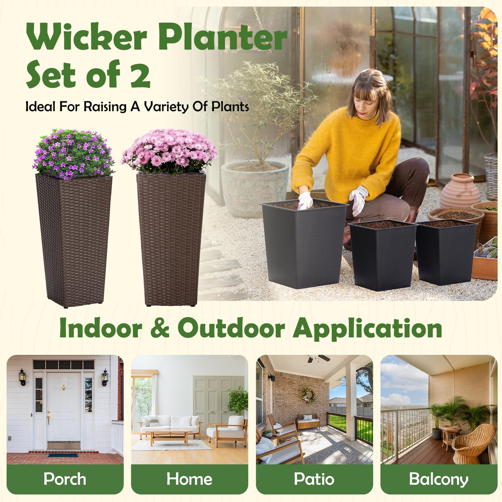 IDZO tall mocha planter set for indoor and outdoor display.