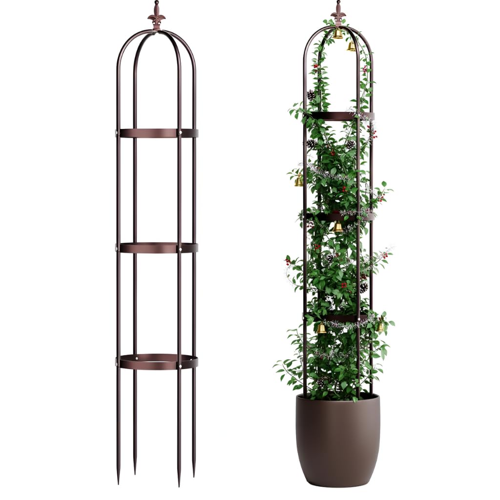 Idzo Trellis with stone-coated obelisk finish supports climbing plants outdoors.