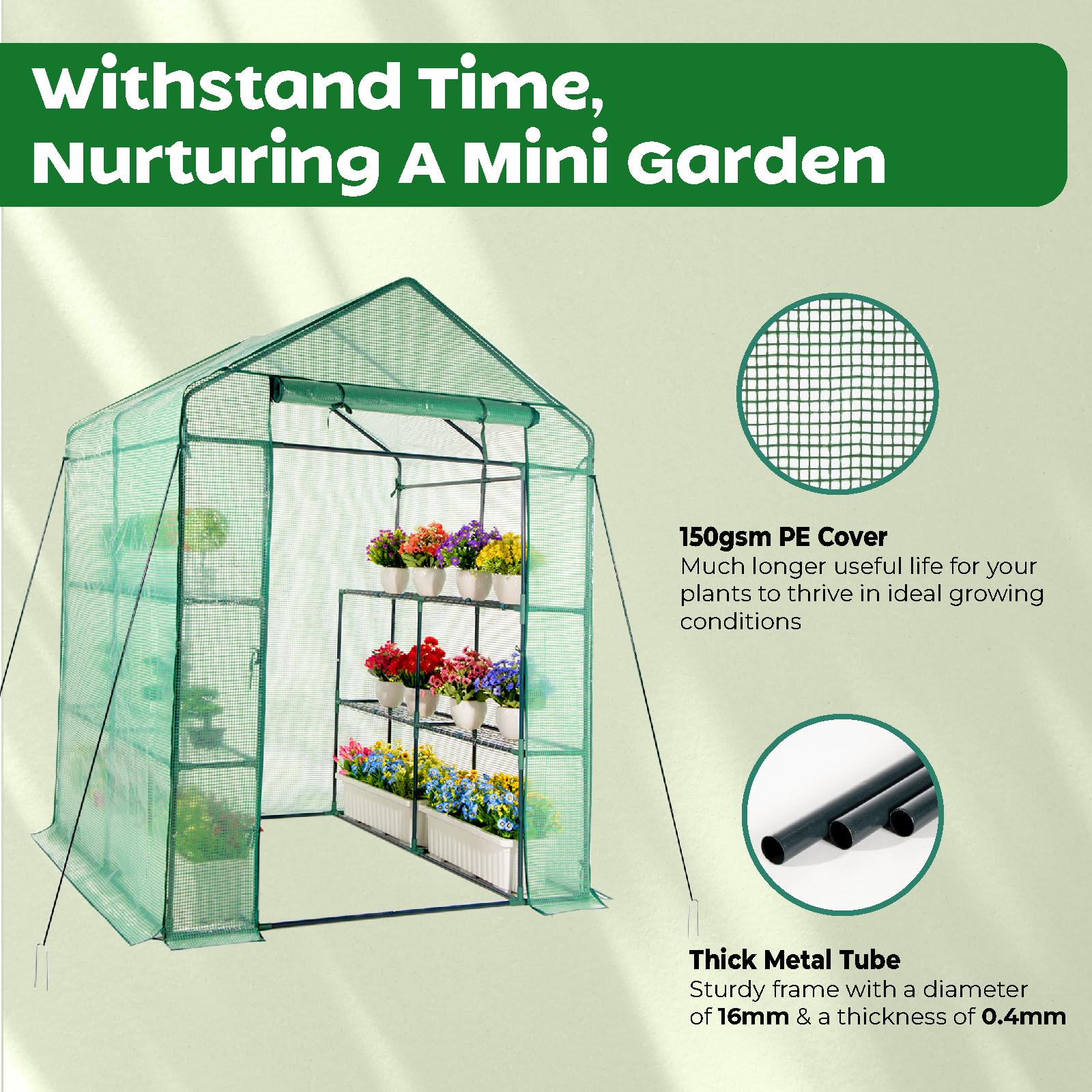 IDZO walk-in greenhouse roll-up door for easy access and plant care