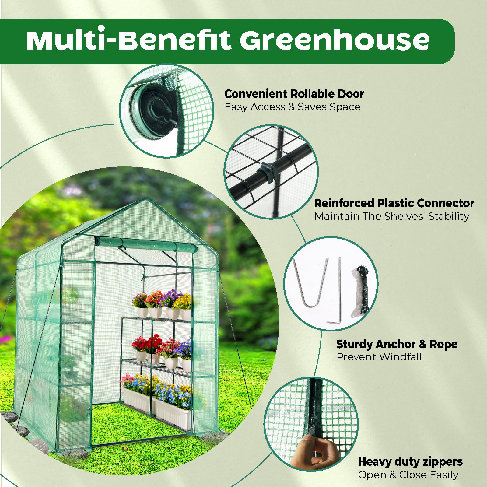 IDZO walk-in greenhouse ample storage space keeps tools organized
