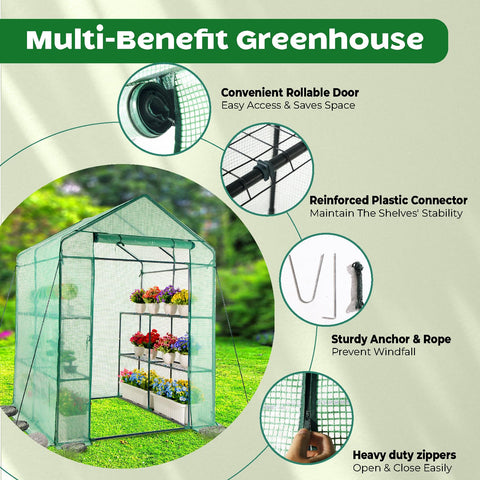 IDZO walk-in greenhouse ample storage space keeps tools organized
