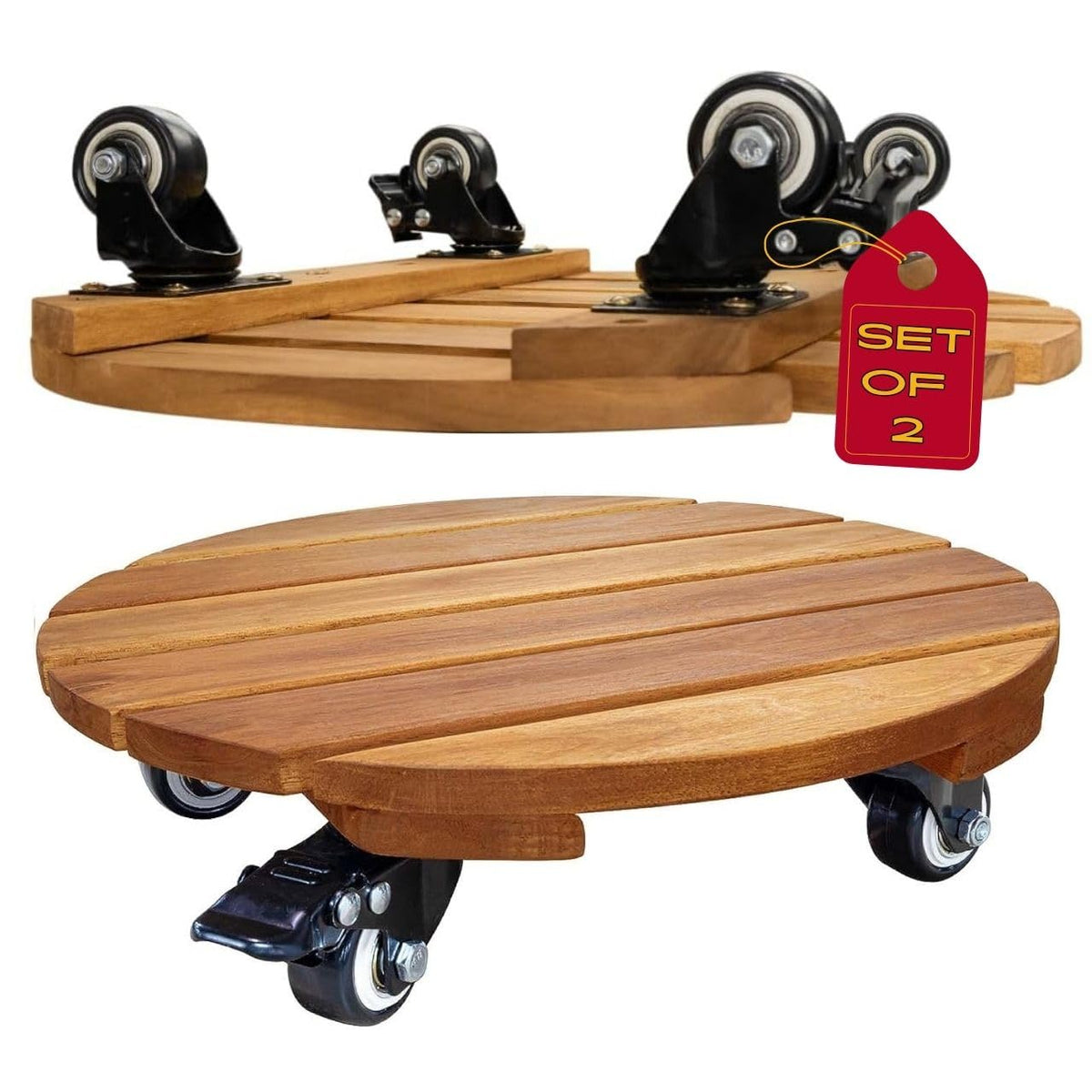 Idzo 12-inch round wood plant caddy with wheels enables easy movement of pots.