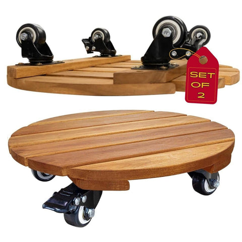 Idzo 12-inch round wood plant caddy with wheels enables easy movement of pots.