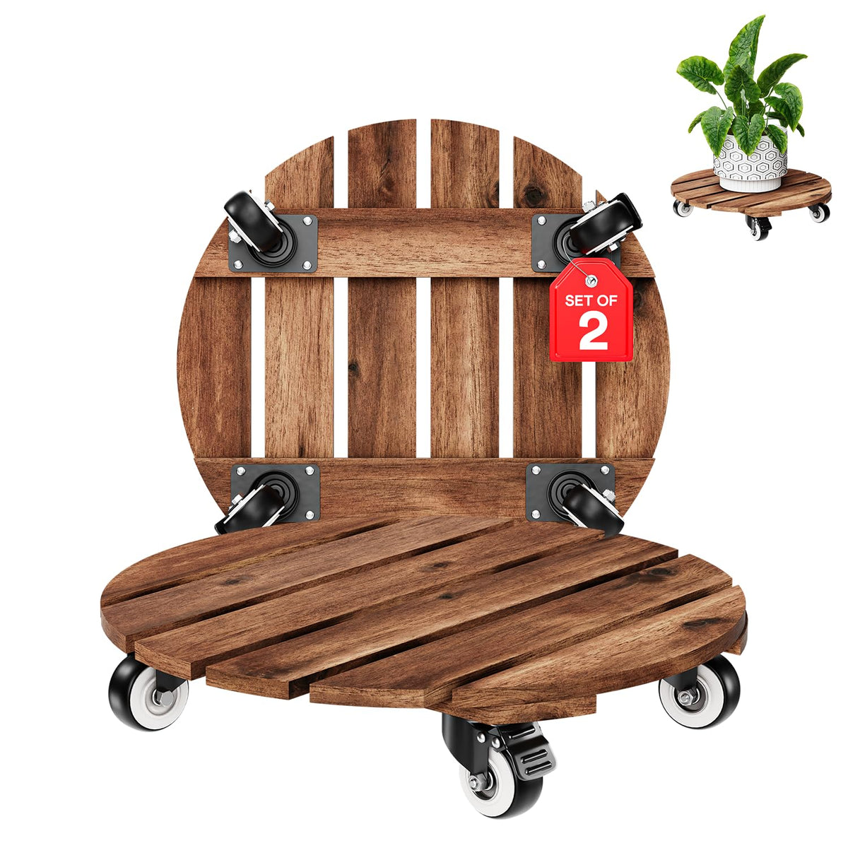 IDZO wood plant caddy with 12-inch acacia wheels for easy plant movement