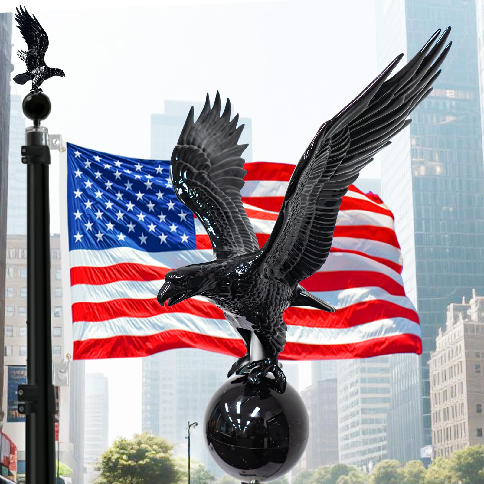 iElyiEsy eagle topper with ball on flagpole enhances outdoor display and weather resistance.