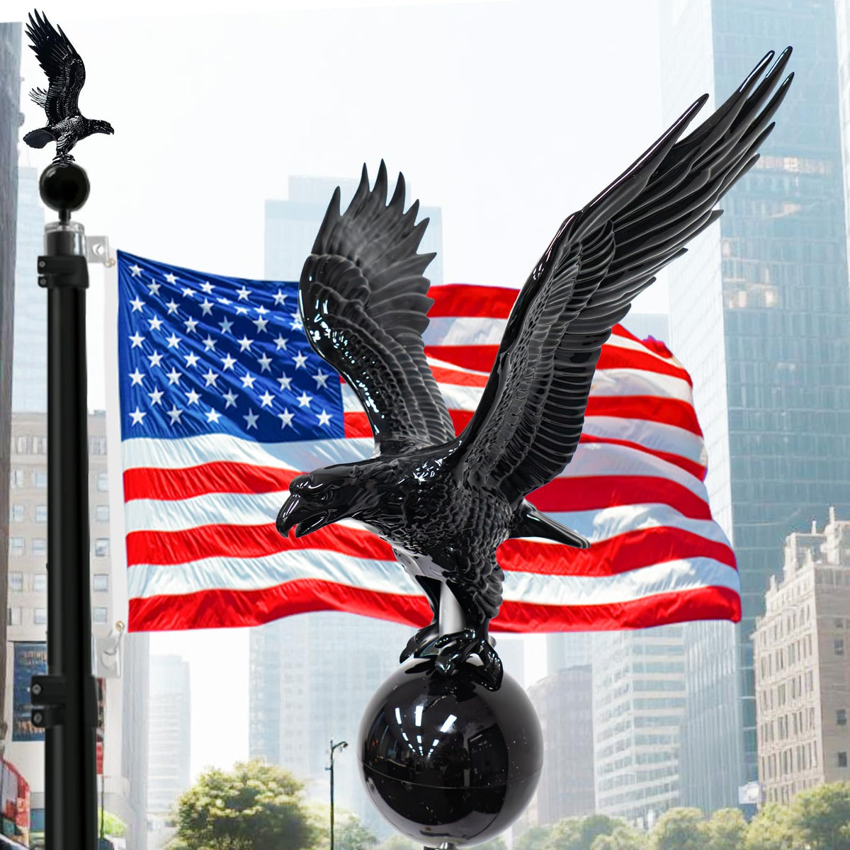 iElyiEsy eagle topper with ball on flagpole enhances outdoor display and weather resistance.