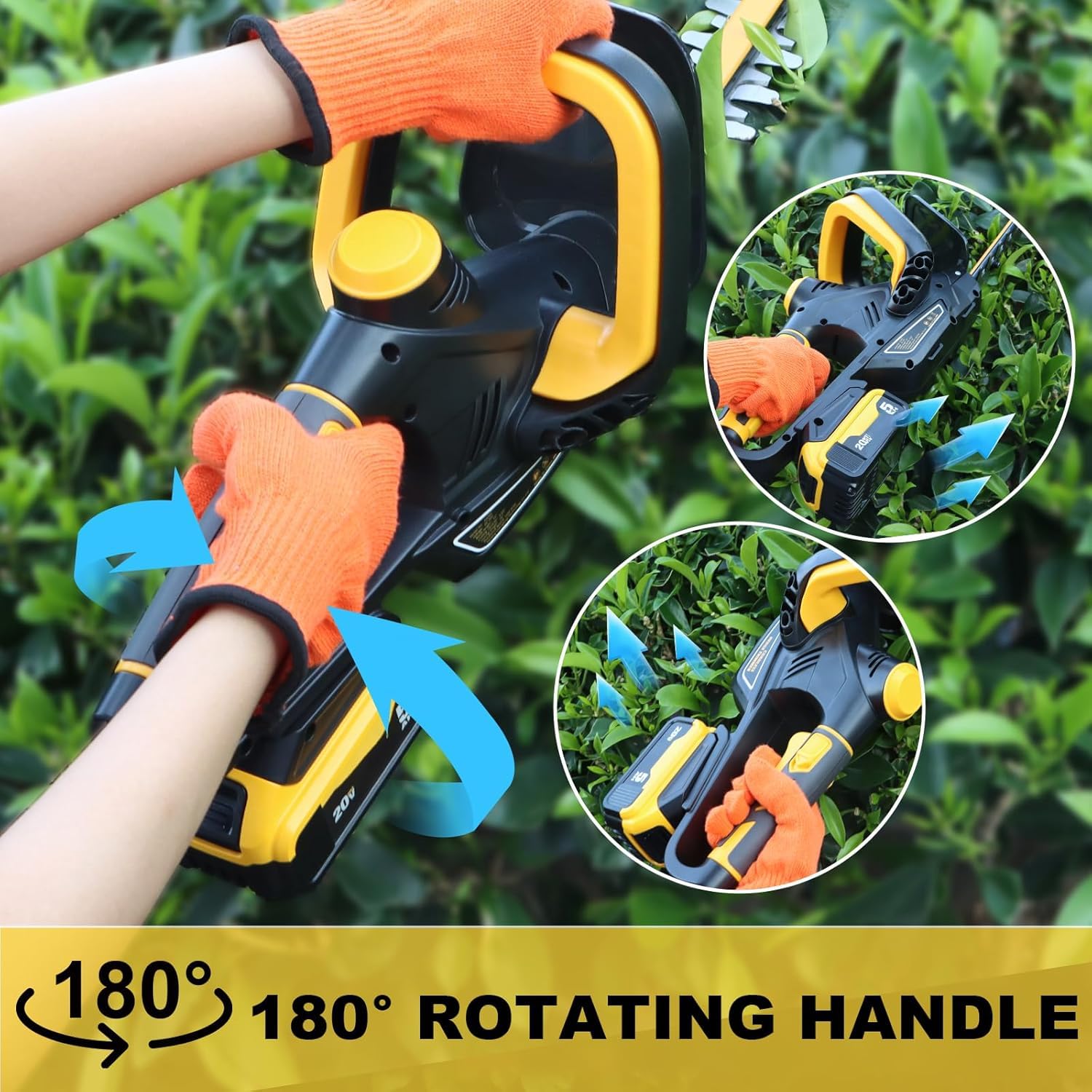 IEBUDA hedge trimmer dual-safety switches in action for safe operation