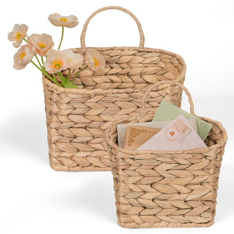 iEGrow set of 2 hanging baskets in natural water hyacinth for wall storage and decor