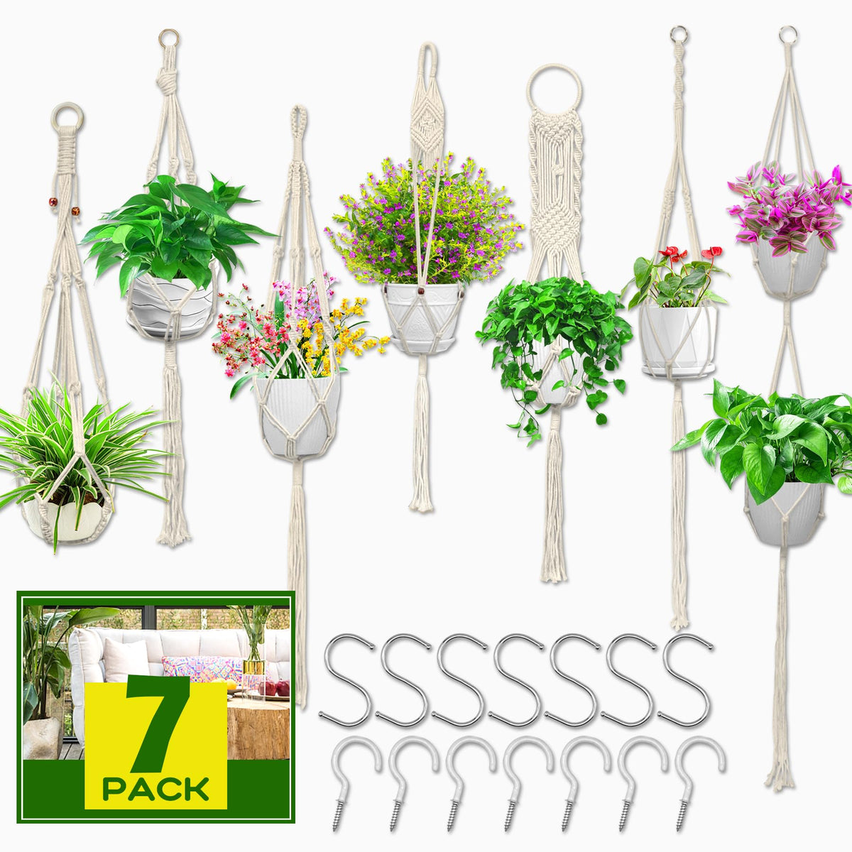 IGaiety macrame plant hanger seven-pack full view for stylish indoor decor
