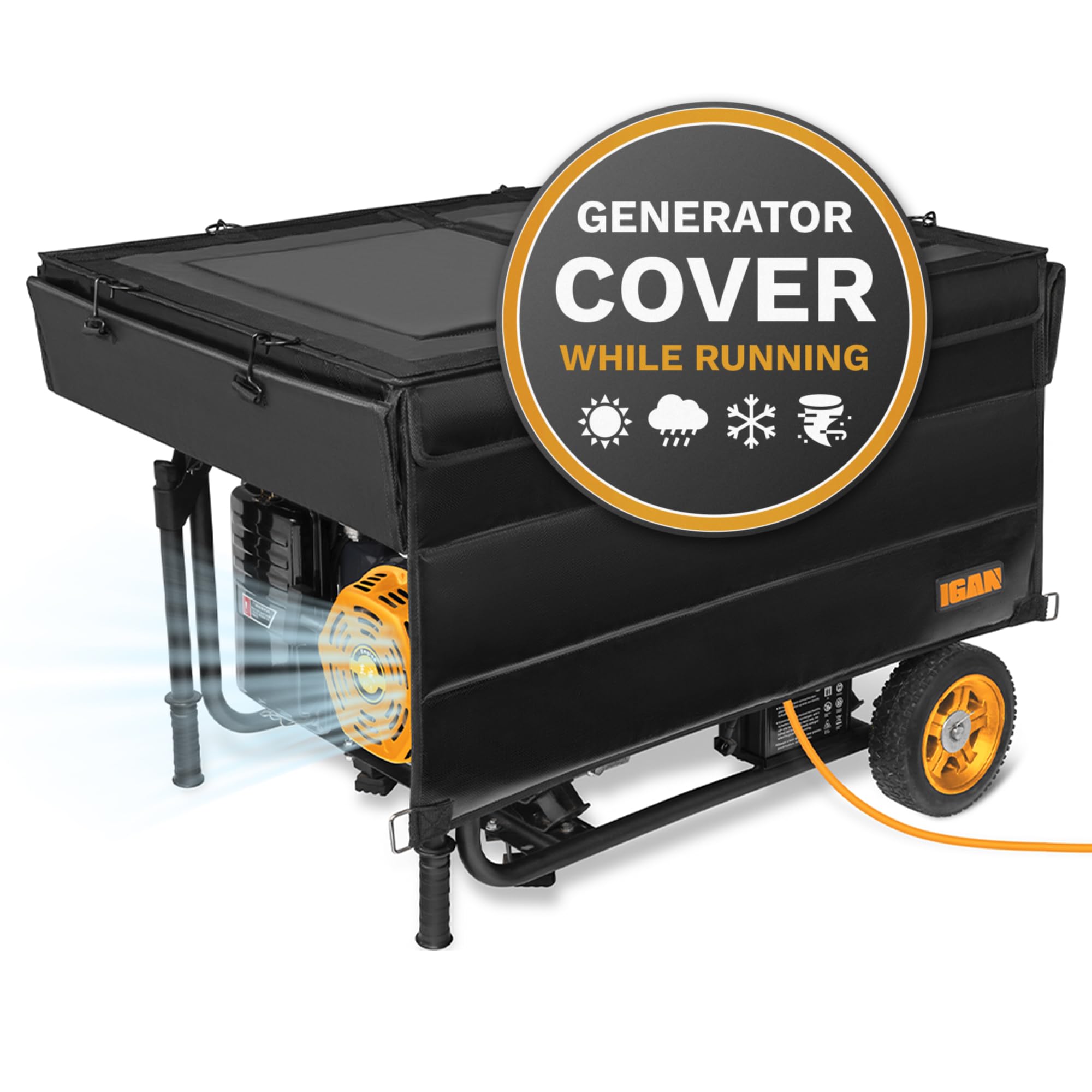 IGAN generator cover in running position protects 3500-12000w units from rain and dust