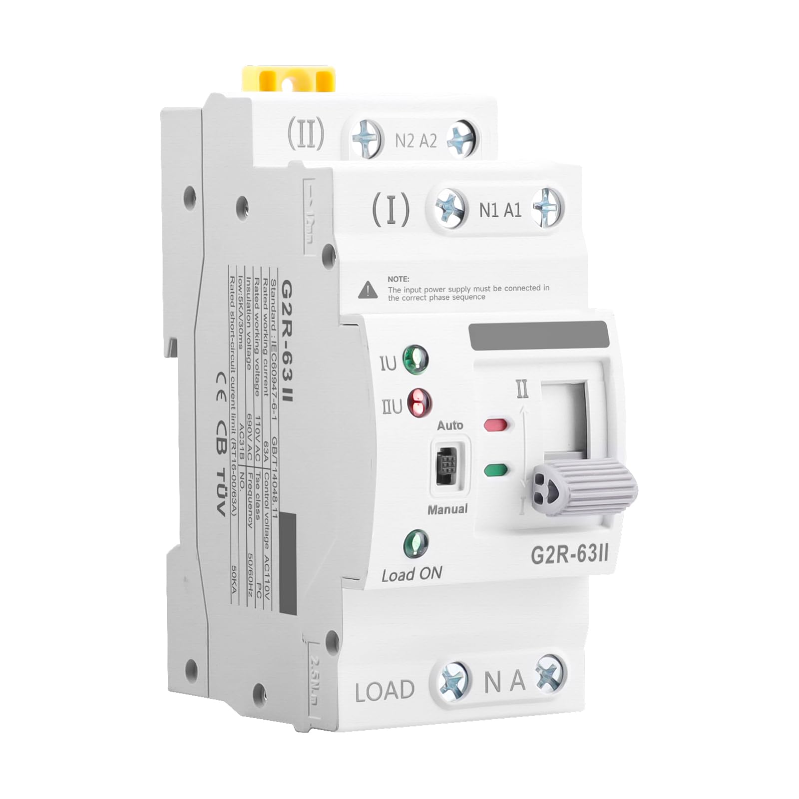 IGEYAPA Mini ATS front view showing compact DIN-rail design for reliable switching.