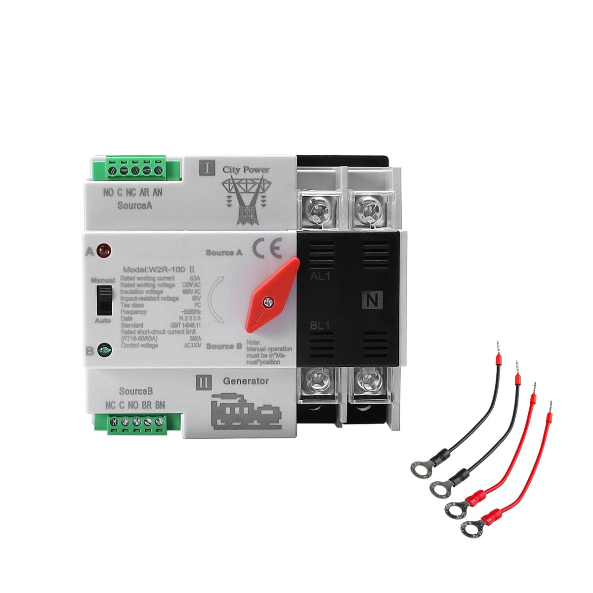 IGEYAPA 63A transfer switch on din-rail front view with clear status indicators for reliable switching.