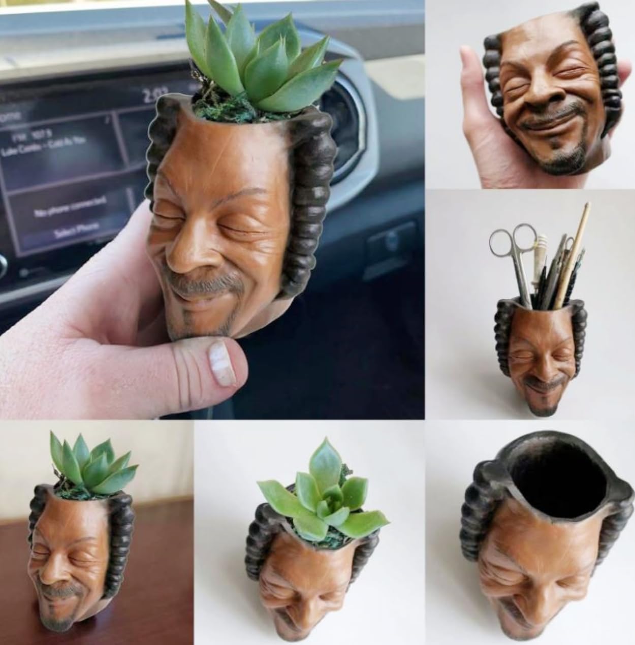 Igreli old man head planter closeup showing durable resin and whimsy.