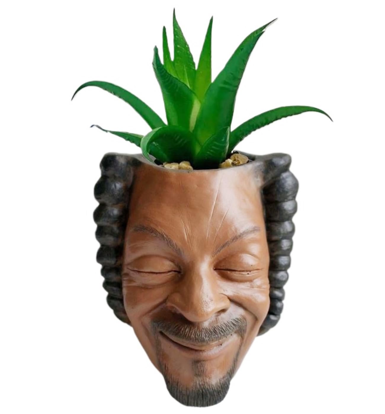 Igreli rapper man face succulent pot adds playful charm to any desk.