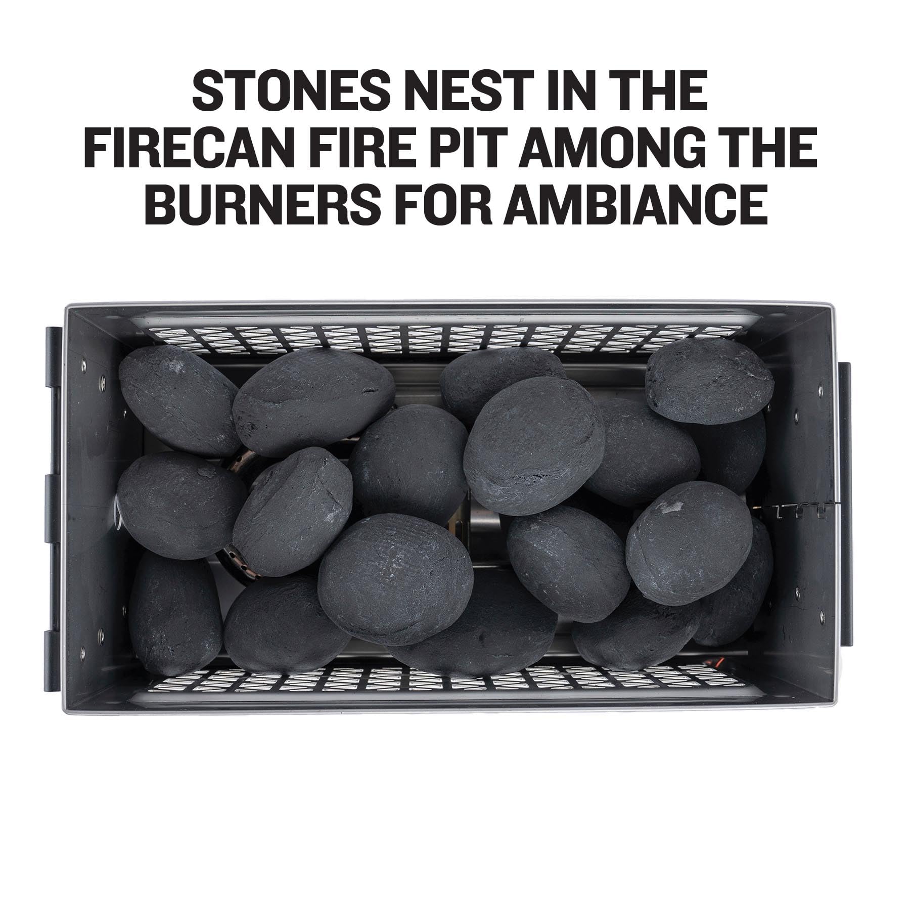 Ignik Moon Rocks nest among burners to enhance flame ambiance.