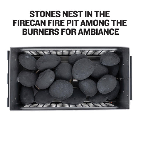 Ignik Moon Rocks nest among burners to enhance flame ambiance.