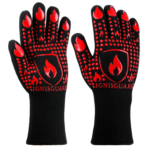 IGNISGUARD BBQ gloves on hands while grilling for a secure grip.