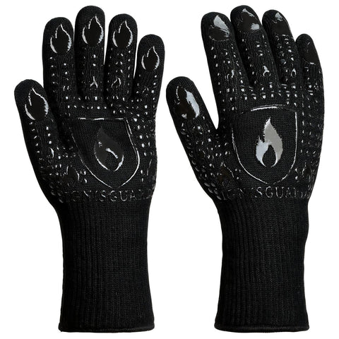 IGNISGUARD gloves with heat-resistant forearm protection for grilling.