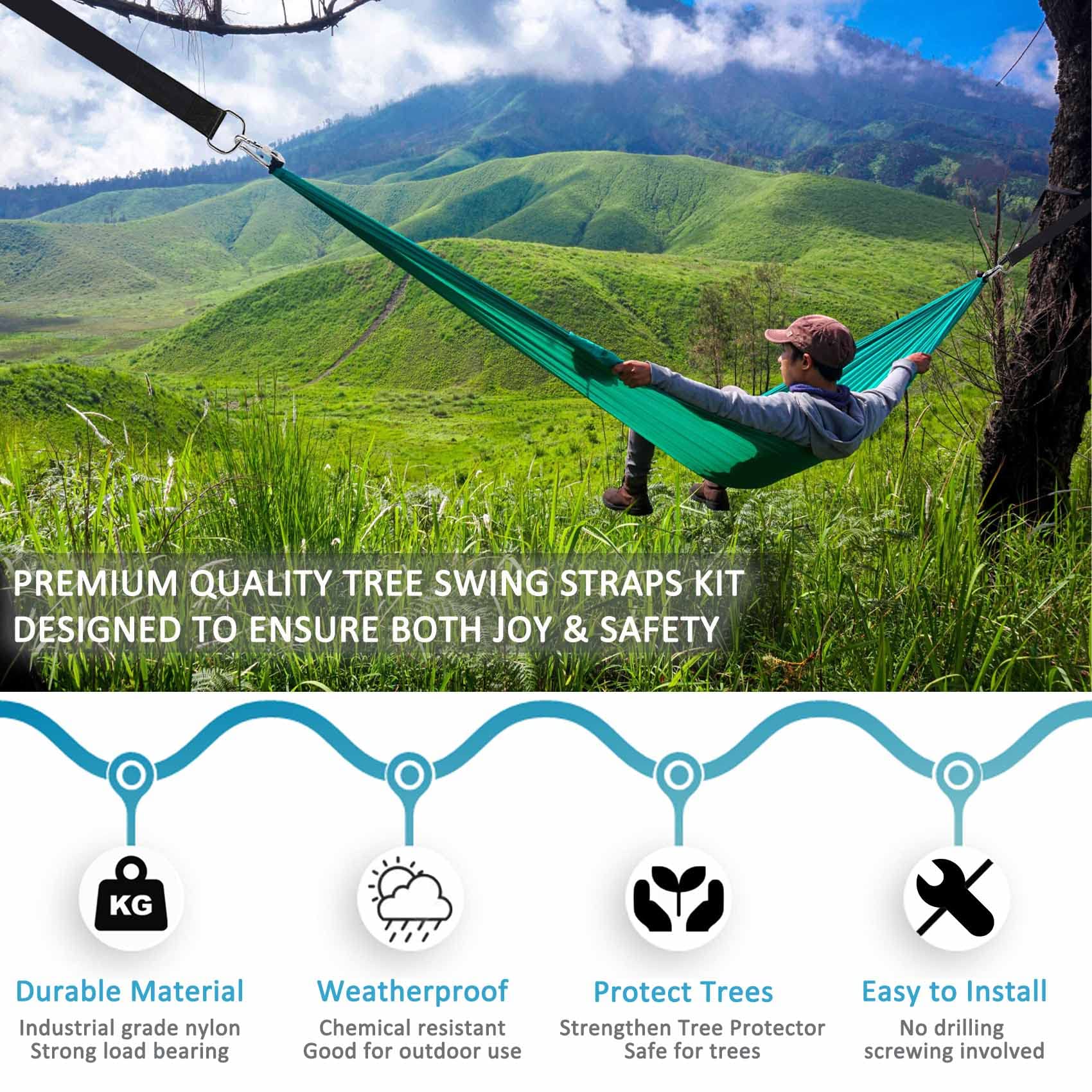 Igolfluck tree swing straps with D-ring hardware for strong stability.