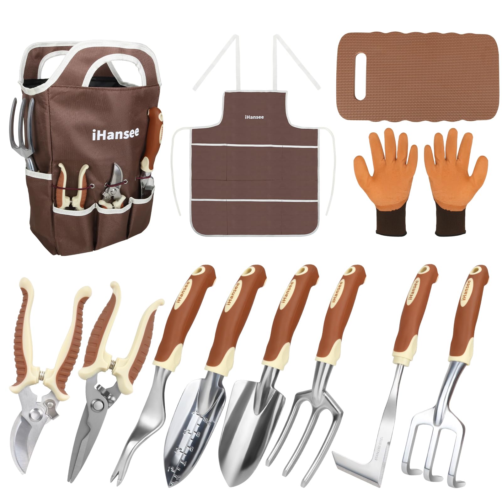 iHansee brown garden tool set with ergonomic handles for comfortable digging