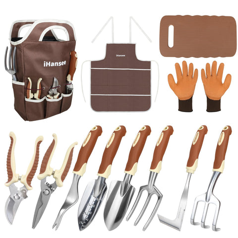 iHansee brown garden tool set with ergonomic handles for comfortable digging
