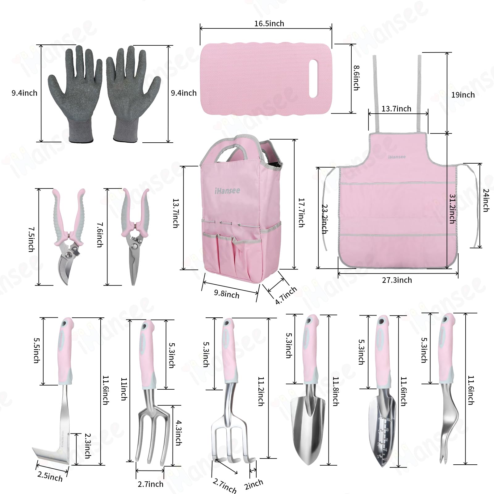 iHansee pink aluminum garden tools with anti-slip handles for comfortable digging