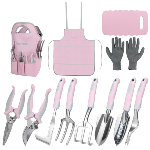iHansee pink garden tool set contents organized for easy gardening tasks